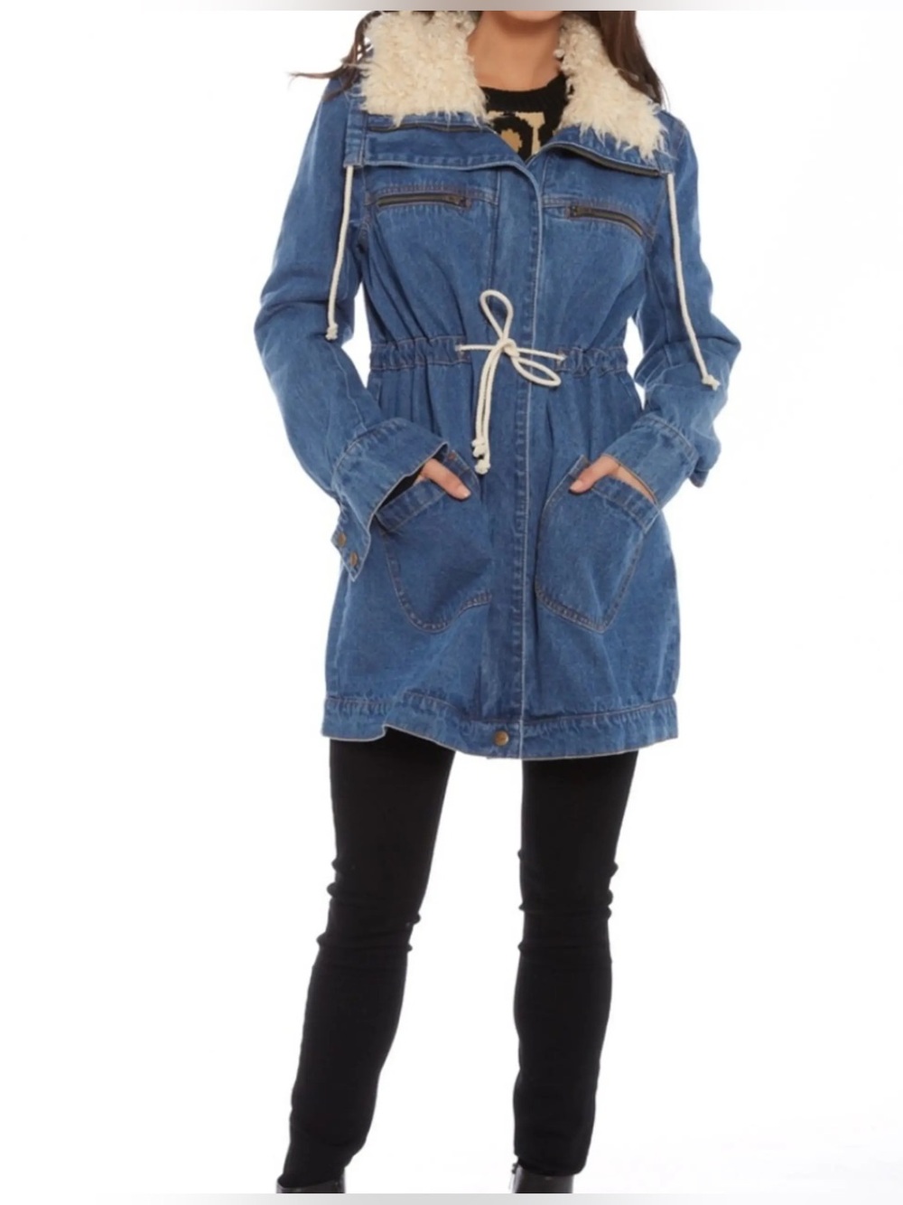 MINKPINK Blue Denim Parka with Cream Sherpa Collar and Drawstring Waist